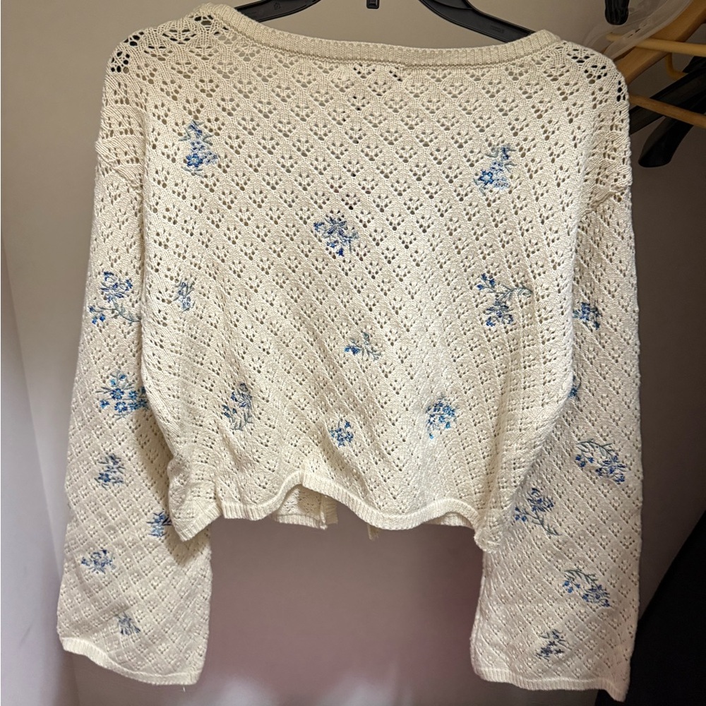 Cream and Blue Embroidered Women's Sweater - Picture 2 of 3